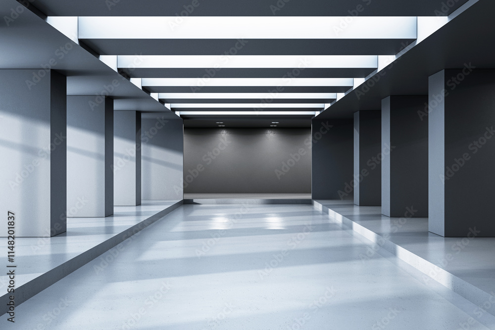 Poster Modern empty corridor with geometric design, illuminated by overhead lights. 3D Rendering