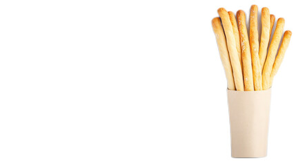 Delicious Breadsticks in a Paper Cup on a Simple Background