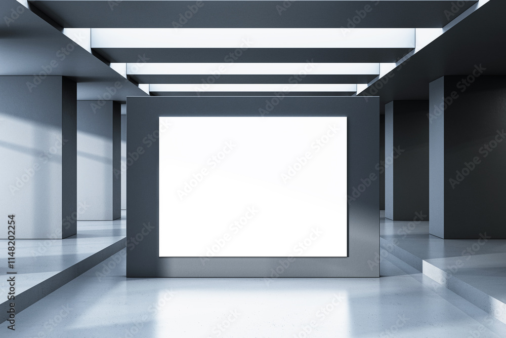 Poster Abstract modern interior with a large blank vertical display in a geometric corridor with concrete walls and floors. Clean design. 3D Rendering