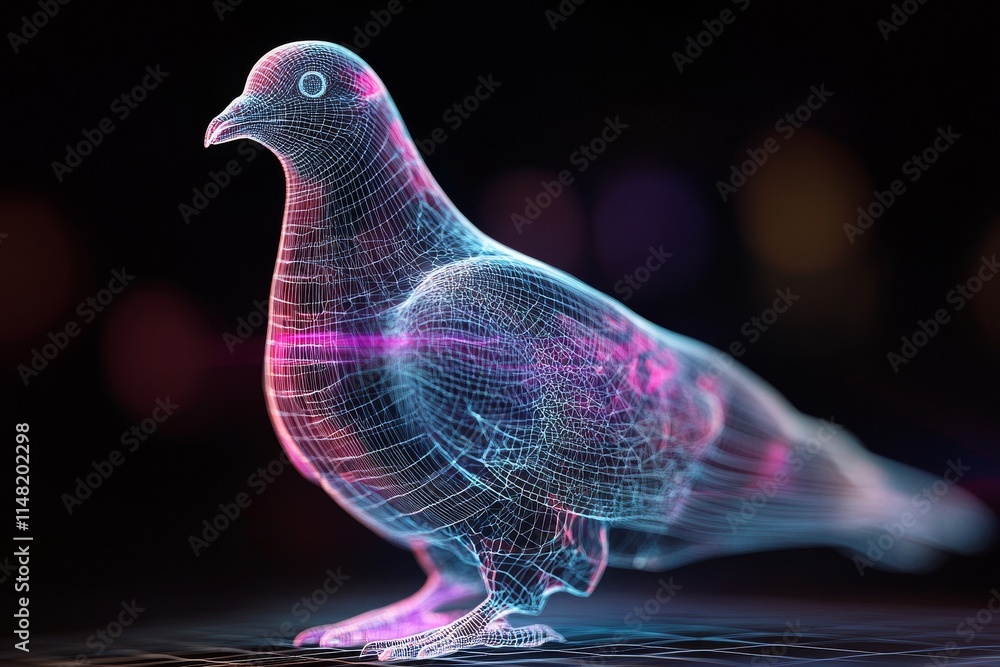 Poster a bird is shown in a computer generated image. the bird is a pigeon. the image is in a black and whi
