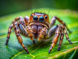 Fototapeta premium Macro Photography Spider Leaf, High Depth of Field, Insect Closeup, Nature Photography, Wildlife Photography, Spider on Green Leaf, Detailed Arachnid, Nature Background