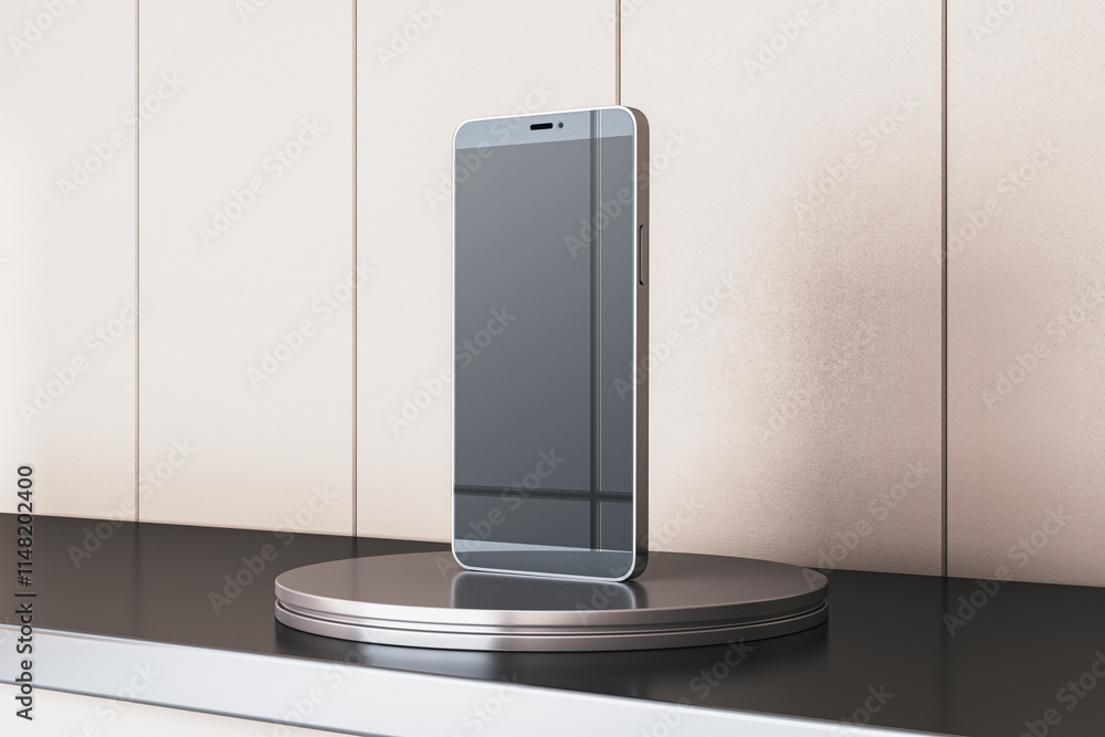 Poster sleek smartphone displayed on a metallic stand in a showroom setting with modern beige panel backgro