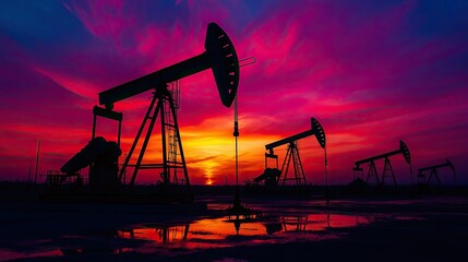 Silhouette of Oil Pumps Against a Dramatic Sunset with Vibrant Colors and Reflective Puddles on a Oil Field Landscape