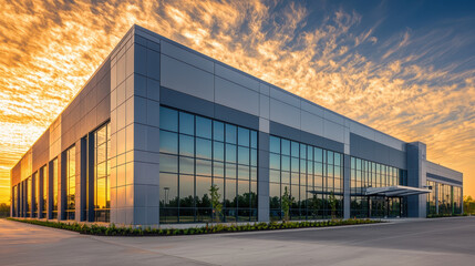 Fototapeta premium Modern commercial building with large glass windows at sunset