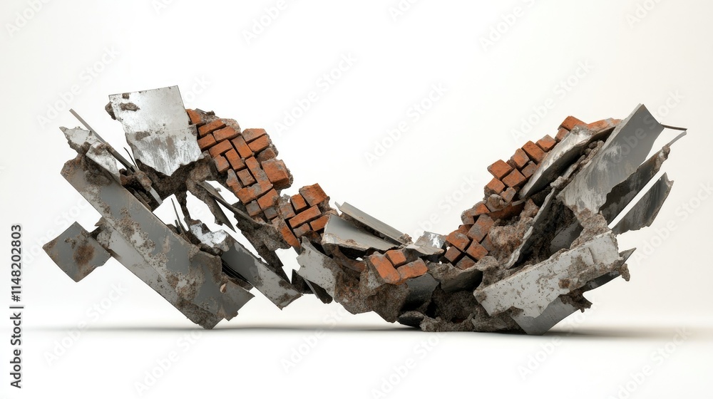Poster abstract design of fragmented bricks and metal sheets creating a chaotic structure with a modern art