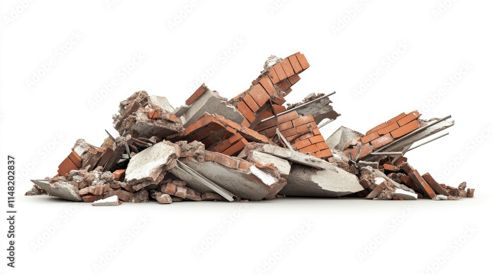 Poster pile of rubble and debris from a dismantled building with exposed bricks and concrete slabs on a whi