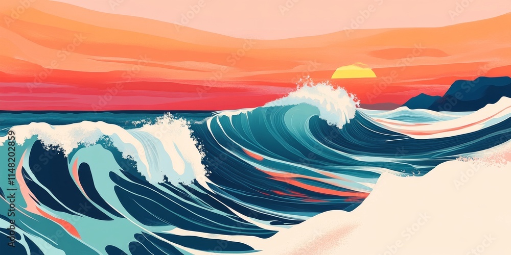 Poster a computer generated image of a wave crashing on a beach with a sunset in the background. scene is s