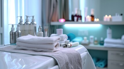 Spa retreat with soothing ambiance and wellness products displayed on a treatment table for ultimate relaxation
