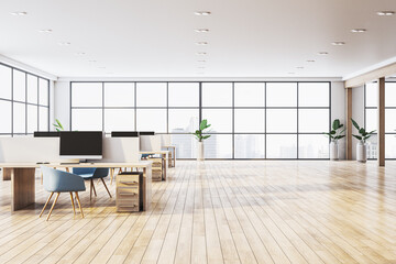 Modern open office space with wooden floors, rows of desks, stylish chairs, and large windows overlooking a cityscape. 3D Rendering