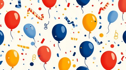 Festive Party Celebration Seamless Pattern with Balloons, Confetti, and Horns in Bold Colors