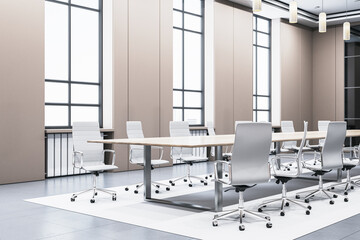Modern conference room with large table, sleek white chairs, tall windows, and beige walls, showcasing a professional corporate interior. 3D Rendering