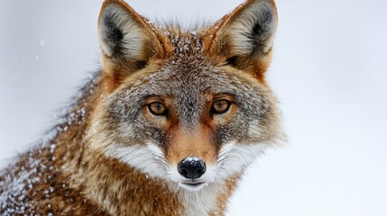 Obraz premium Close-Up Portrait of a Majestic Fox in Winter with Snowflakes Glistening on Its Fur, Showcasing Nature's Beauty and the Animal's Intense Gaze