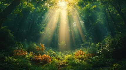 Serene forest landscape with dense greenery and tall trees, where golden sunlight streams through the canopy, illuminating vibrant ferns and creating a tranquil, ethereal atmosphere.