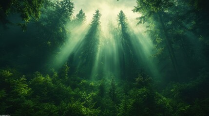 Peaceful forest scene with tall trees and vibrant green foliage, where golden sunlight filters through the canopy, illuminating the lush ground and creating a serene natural ambiance.