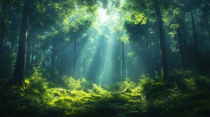 Obraz premium Peaceful forest scene with tall trees and vibrant green foliage, where golden sunlight filters through the canopy, illuminating the lush ground and creating a serene natural ambiance.