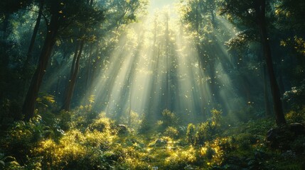 Obraz premium Peaceful forest scene with tall trees and vibrant green foliage, where golden sunlight filters through the canopy, illuminating the lush ground and creating a serene natural ambiance.