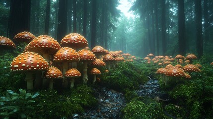 Fototapeta premium A Mystical Forest Path With Many Mushrooms