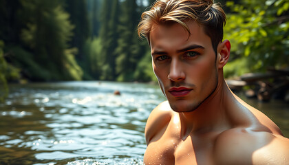 Fototapeta premium a handsome man in the river