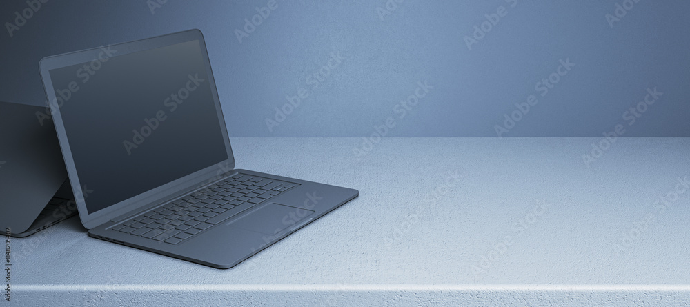 Poster Modern metallic laptop with an open screen and keyboard on a clean textured surface, showcasing a blank display for mockup or branding. 3D Rendering