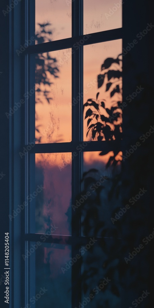 Poster a window with a tree outside and the sun setting. the window is foggy and the tree is casting a shad