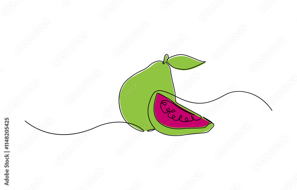 Poster single continuous line drawing whole and half sliced healthy organic java guava for orchard logo ide