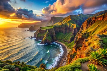 Naklejka premium Madeira Island Sunrise: Scenic Landscape Photography, Early Morning Views, High-Resolution Images