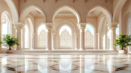 Fototapeta premium Elegant interior space featuring arches, intricate designs, and natural light.