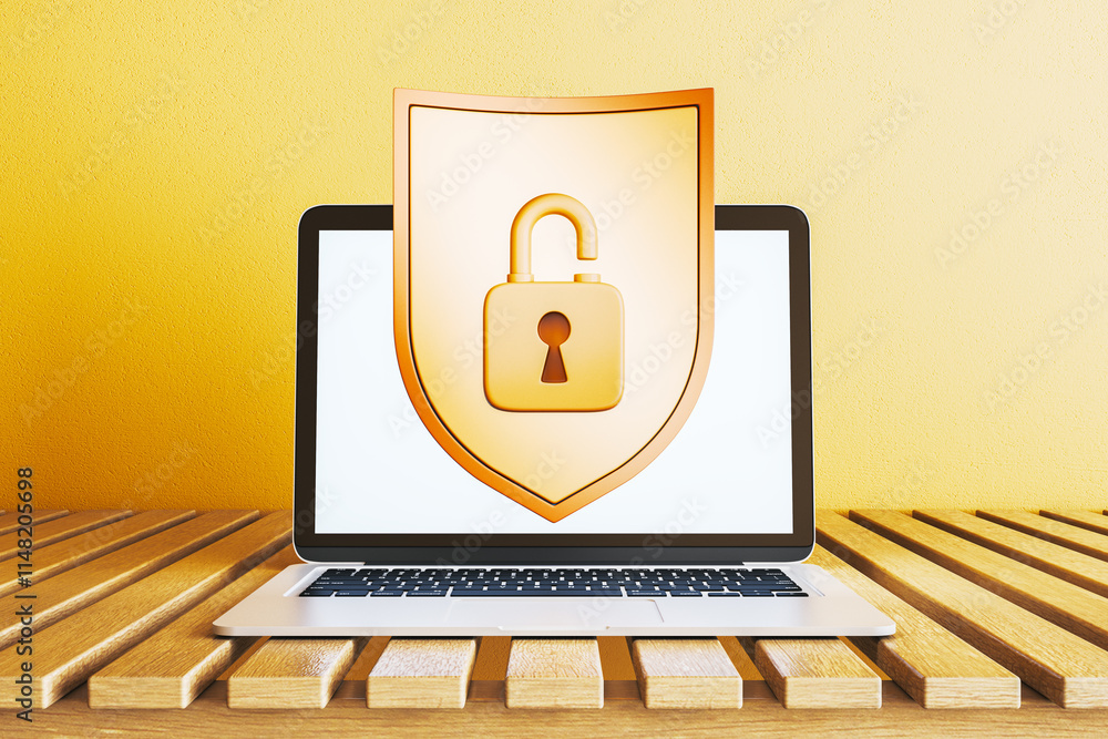 Poster laptop with shield and padlock symbol on screen representing cybersecurity and digital protection on