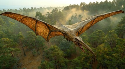 Fototapeta premium Majestic pterosaur soaring over a misty forest at dawn, showcasing its immense wingspan and ancient beauty.