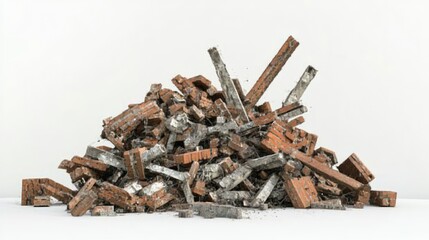 An Abstract Composition of Discarded Bricks and Metal Debris Piled Together Against a Clean White Background for Textures and Construction Concepts