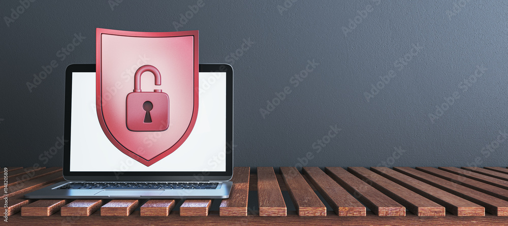Aufkleber Laptop with red shield featuring an open padlock displayed on screen, on wooden surface, against gray background, symbolizing cybersecurity. 3D Rendering