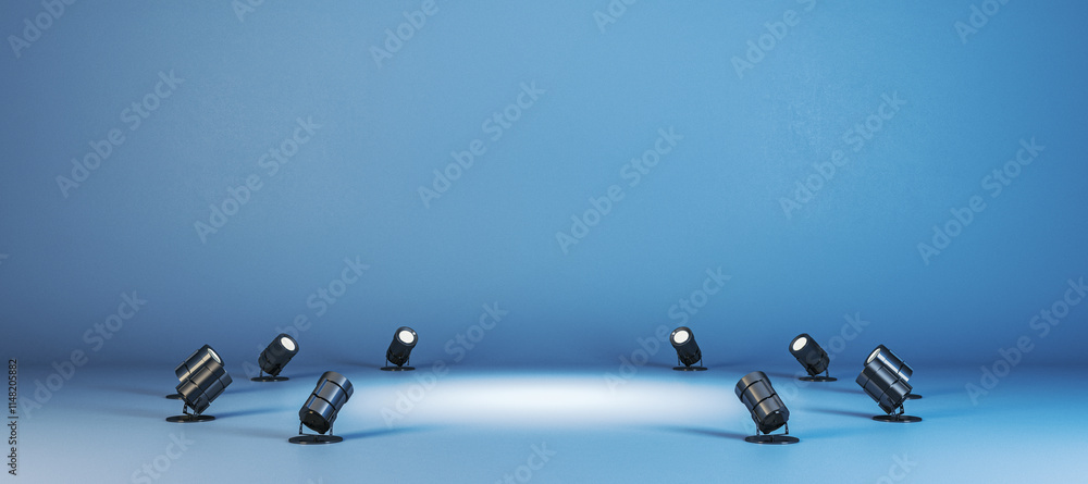 Poster Spotlights arranged in a semi-circle on a blue background with a gradient lighting effect. 3D Rendering
