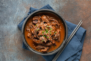 Homemade Korean Beef Bulgogi BBQ with Sesame Seeds and Scallion