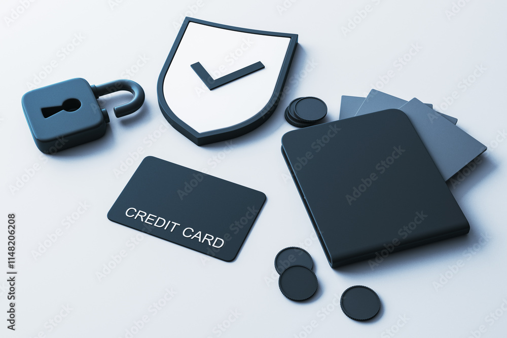 Poster secure payment concept with credit card, lock, shield, and wallet on white background. 3d rendering