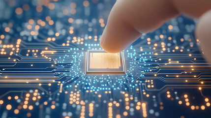 Realistic close-up of a finger touching a chip on a circuit board, symbolizing technology, innovation, and precision, capturing the intricate details of digital components and the connection between h