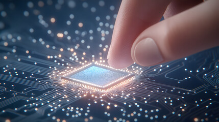 Realistic close-up of a finger touching a chip on a circuit board, symbolizing technology, innovation, and precision, capturing the intricate details of digital components and the connection between h