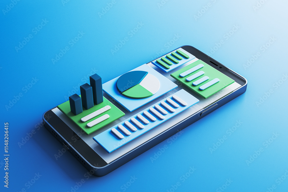 Aufkleber Smartphone displaying financial charts and graphs in 3D on a gradient blue background. 3D Rendering