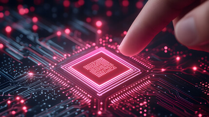 Realistic close-up of a finger touching a chip on a circuit board, symbolizing technology, innovation, and precision, capturing the intricate details of digital components and the connection between h