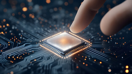 Realistic close-up of a finger touching a chip on a circuit board, symbolizing technology, innovation, and precision, capturing the intricate details of digital components and the connection between h