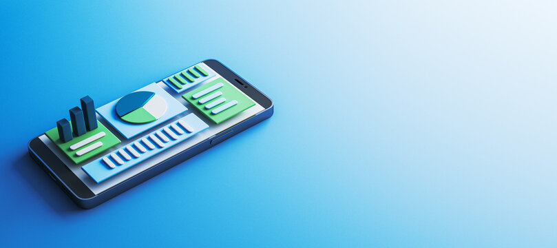 Smartphone displaying financial charts and graphs in 3D rendering style on a gradient blue background. Concept of mobile trading apps. 3D Rendering