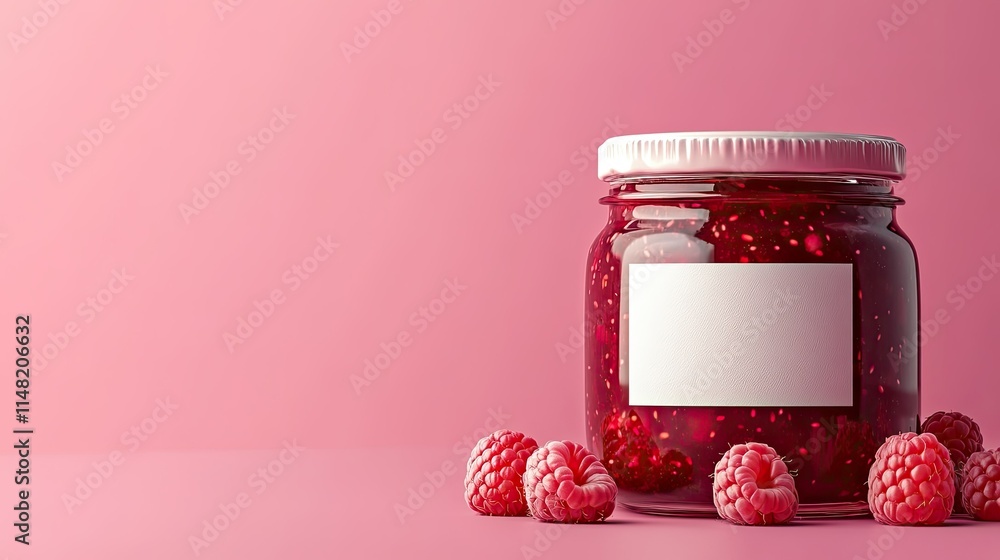 Poster fresh raspberry jam in glass jar with blank label on soft pink background surrounded by ripe raspber