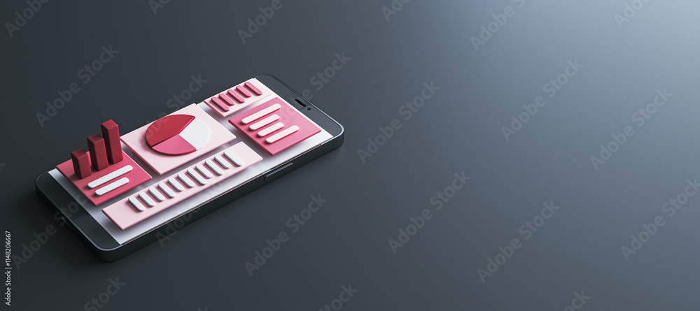 Poster smartphone displaying 3d financial charts and diagrams in pink tones on a dark gradient background. 