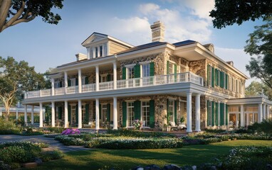 A stunning exterior view of the newly opened Ocean House in Harrisonia, featuring American country style architecture with a stone facade, green shutters, large balcony windows