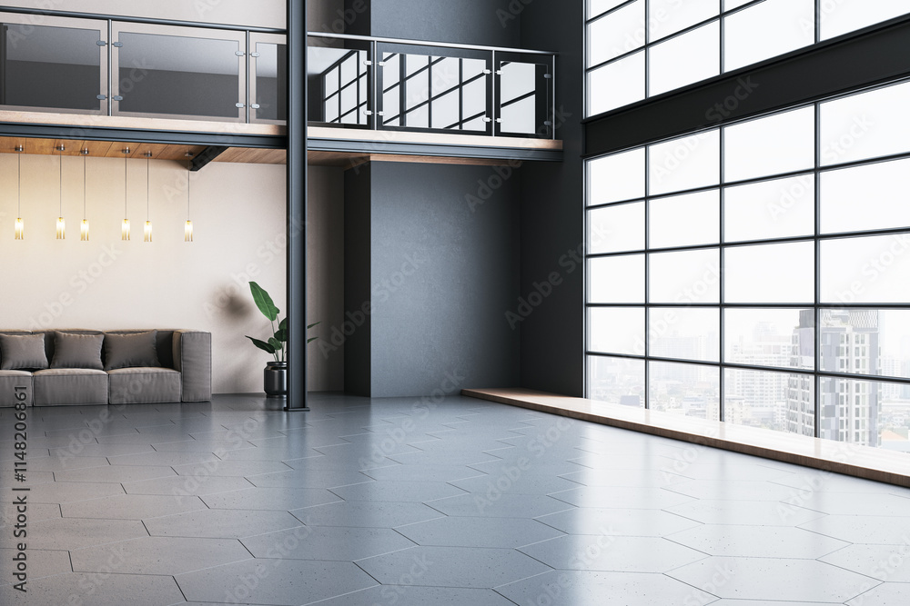 Poster modern spacious interior with large windows, a mezzanine, and minimalist decor with a sofa and plant