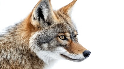 Fototapeta premium Majestic Profile of a Coyote Against a White Background Capturing the Intricacies of Its Fur and Captivating Eyes in a Stunning and Detailed Close-Up Shot