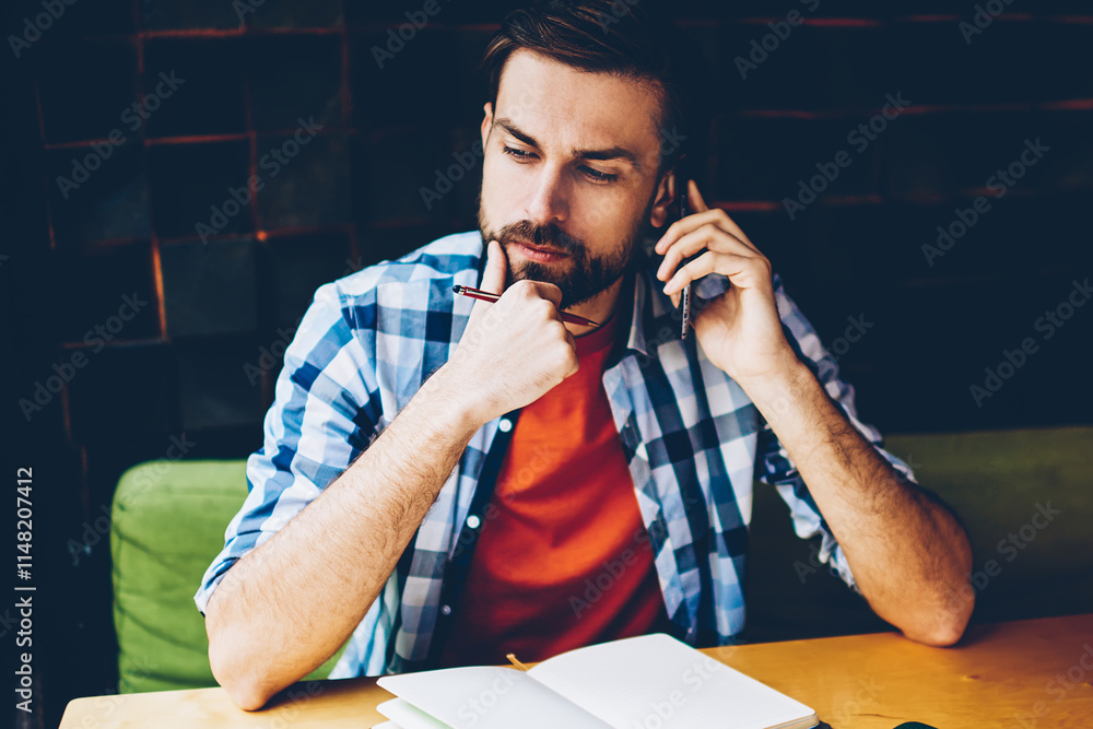 Aufkleber pondering bearded hipster guy thinking on proposal from mobile operator during phone conversation on