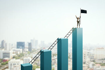 Businesswoman standing victorious on top of bar chart with flag in hand, symbolizing success and...