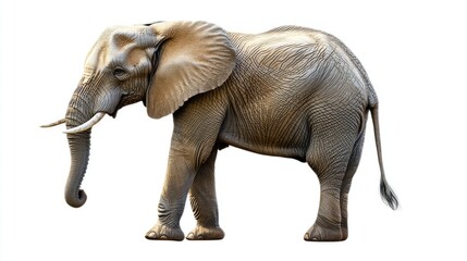 Obraz premium Majestic African Elephant Standing Gracefully Against a White Background Showcasing Textured Skin and Trunk, Symbolizing Strength and Wisdom in Nature