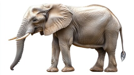 Obraz premium Majestic African Elephant Standing Gracefully in Natural Posing Against a Clean White Background, Showcasing Its Unique Features and Textures in Stunning Detail