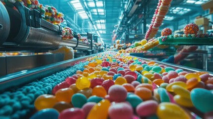 Colorful candies moving on a conveyor belt in a large factory.